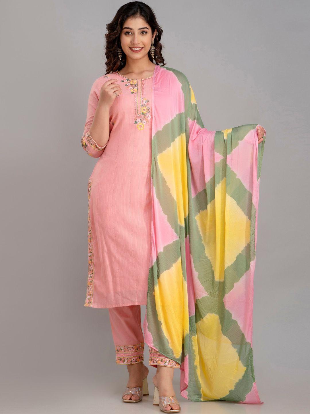 charu floral embroidered mirror work pure cotton kurta with trousers & dupatta