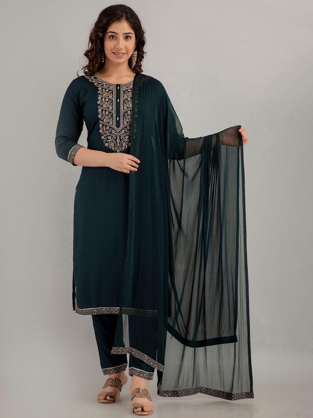 charu floral embroidered sequinned kurta with trousers & dupatta