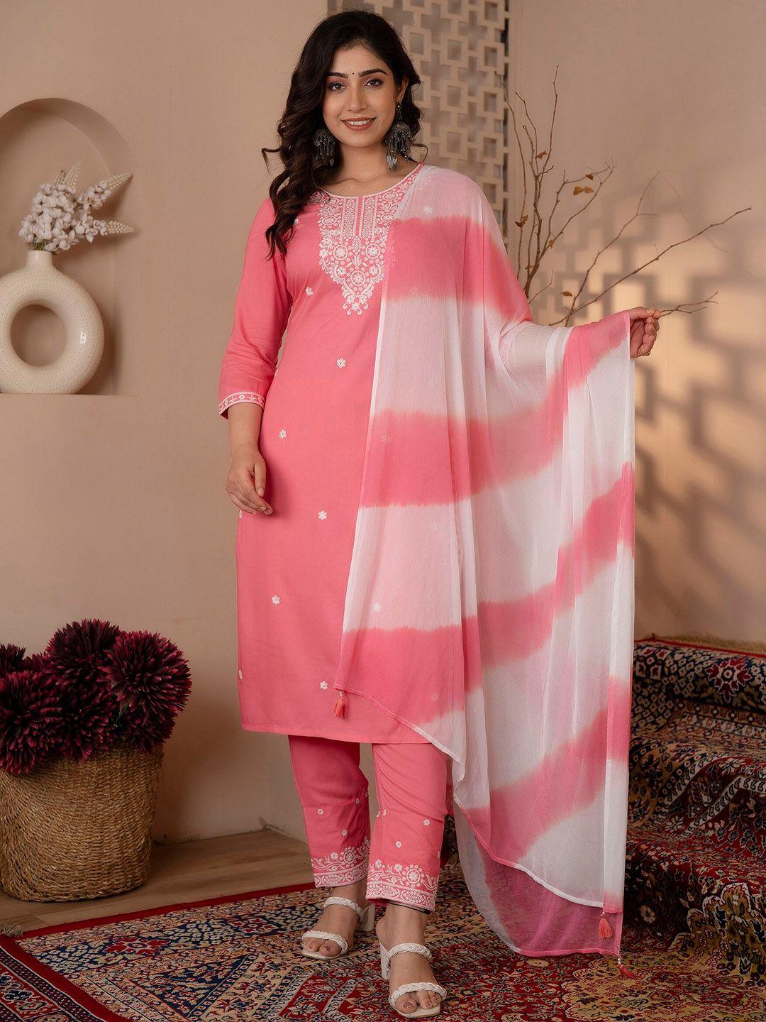 charu floral embroidered thread work straight kurta with trousers & dupatta