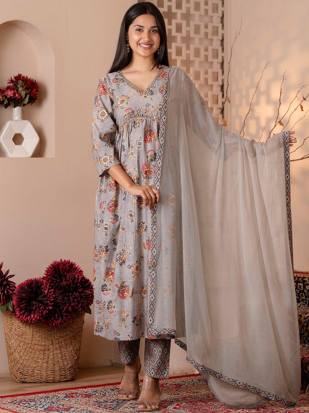 charu floral printed mirror work empire a-line kurta with trousers & dupatta