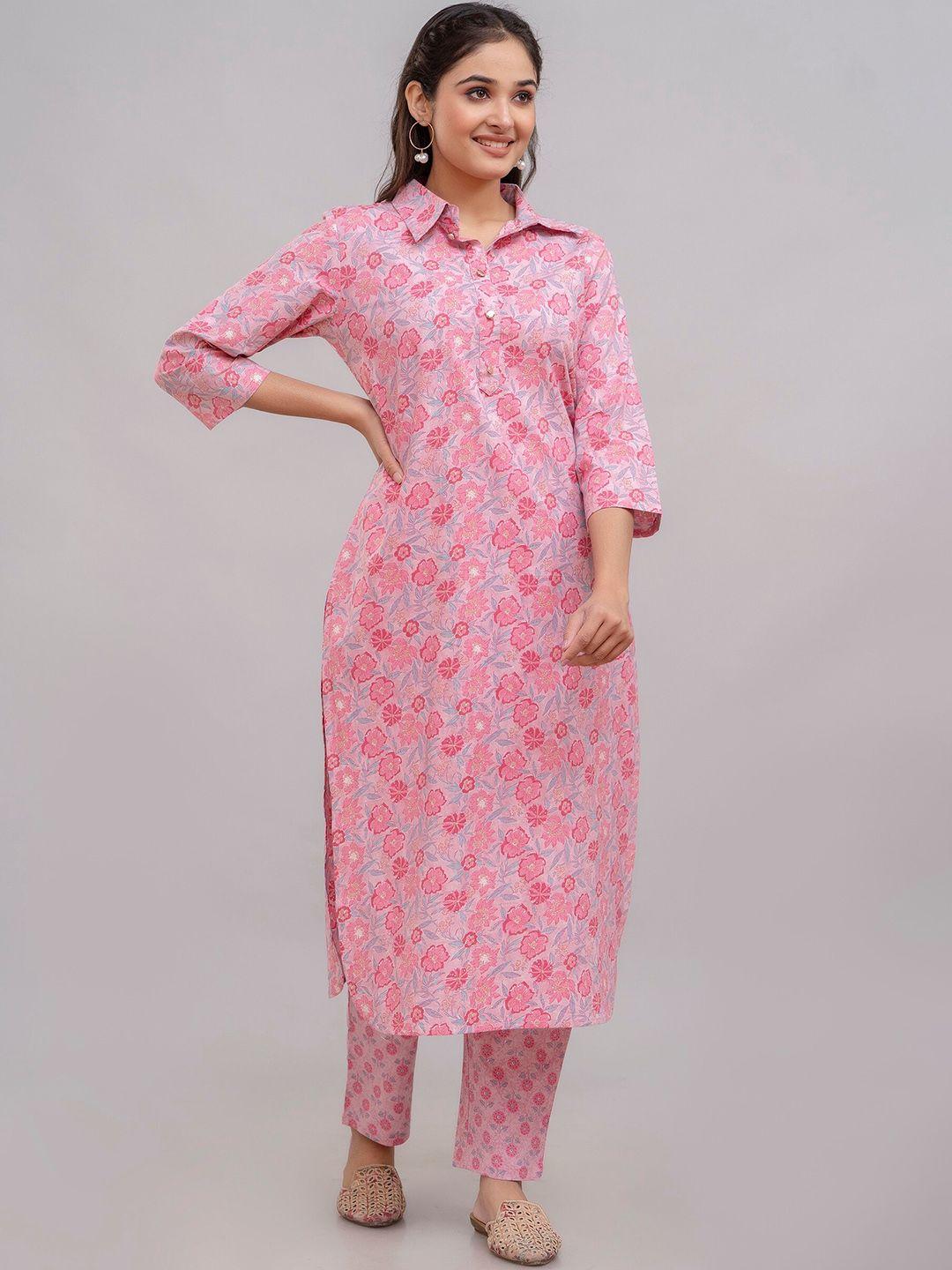 charu floral printed shirt collar pure cotton straight kurta with trousers
