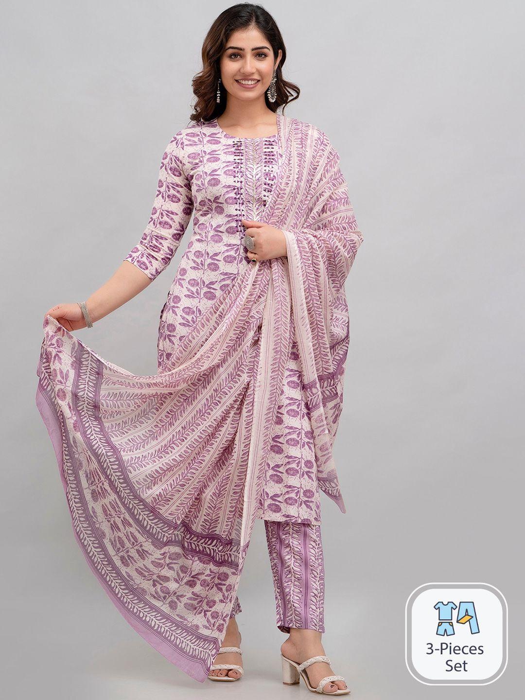 charu floral printed thread work detail straight kurta & trousers with dupatta