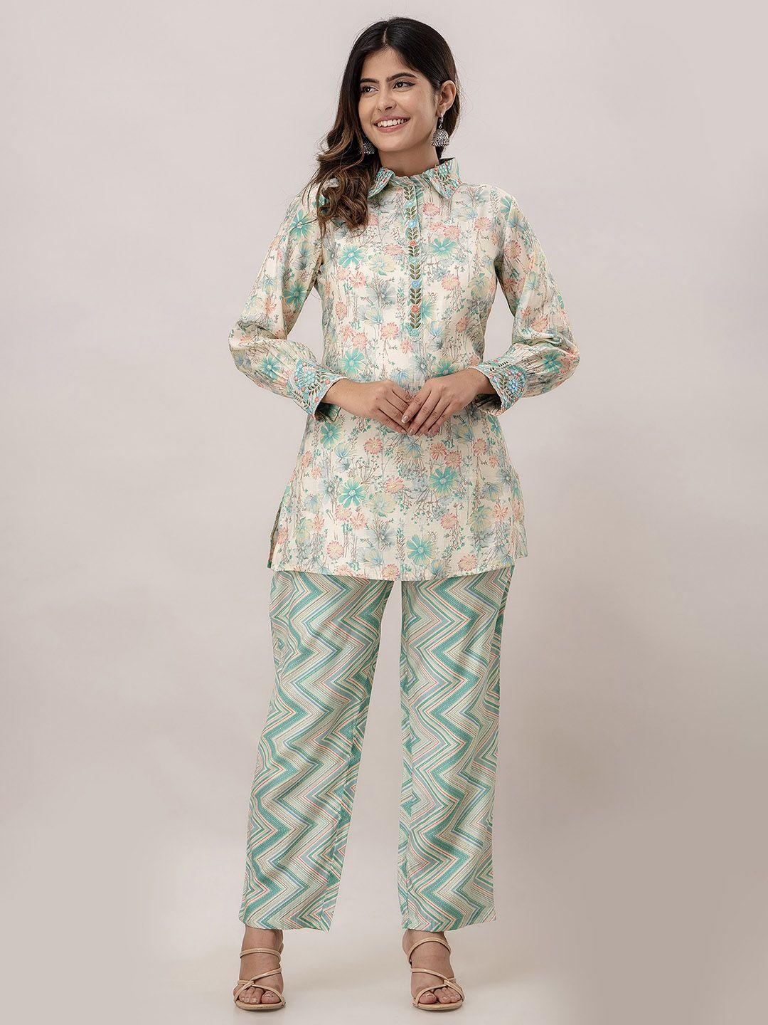 charu floral printed thread work longline top with trouser