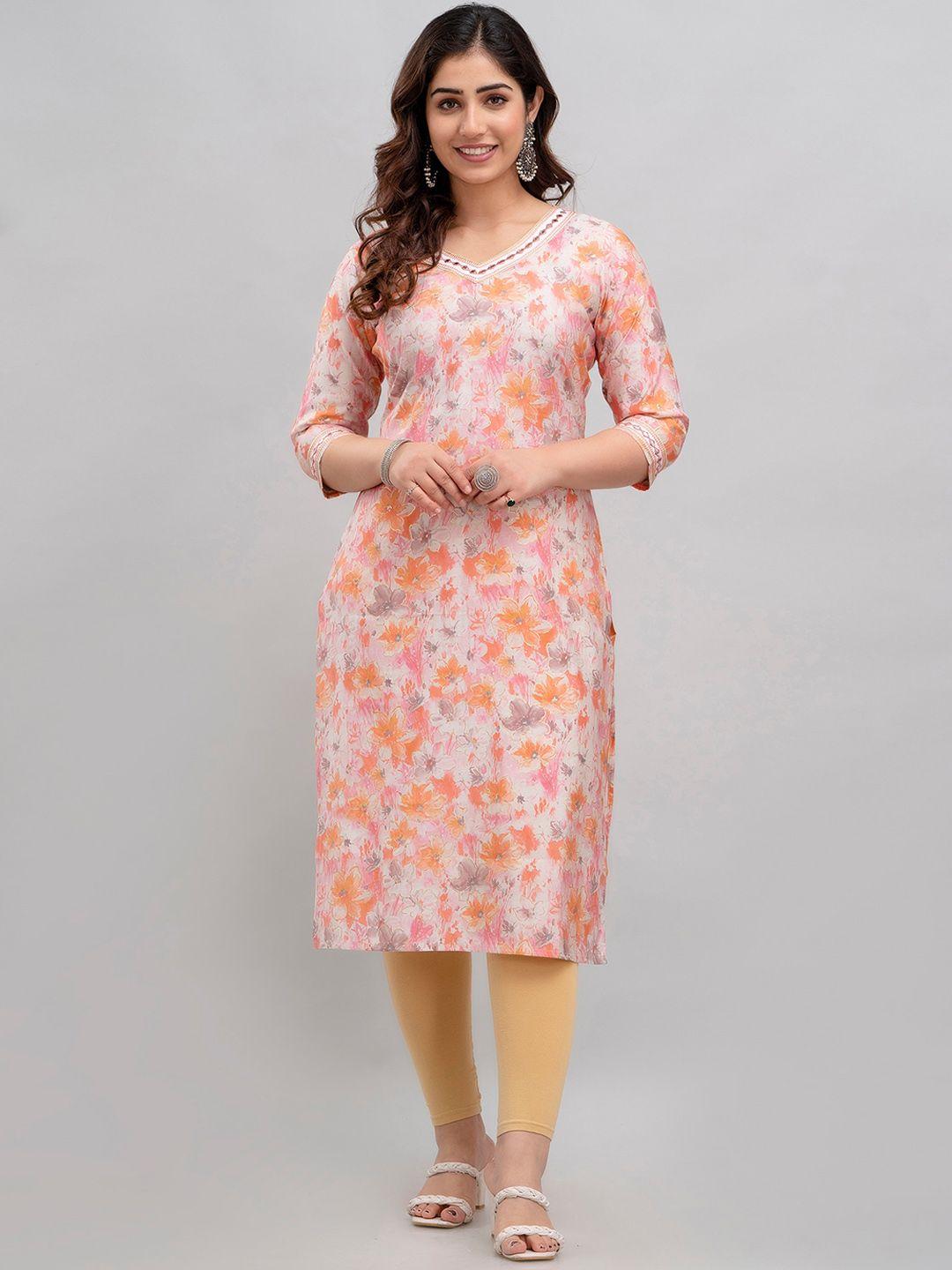 charu floral printed v-neck straight mirror work modal kurta