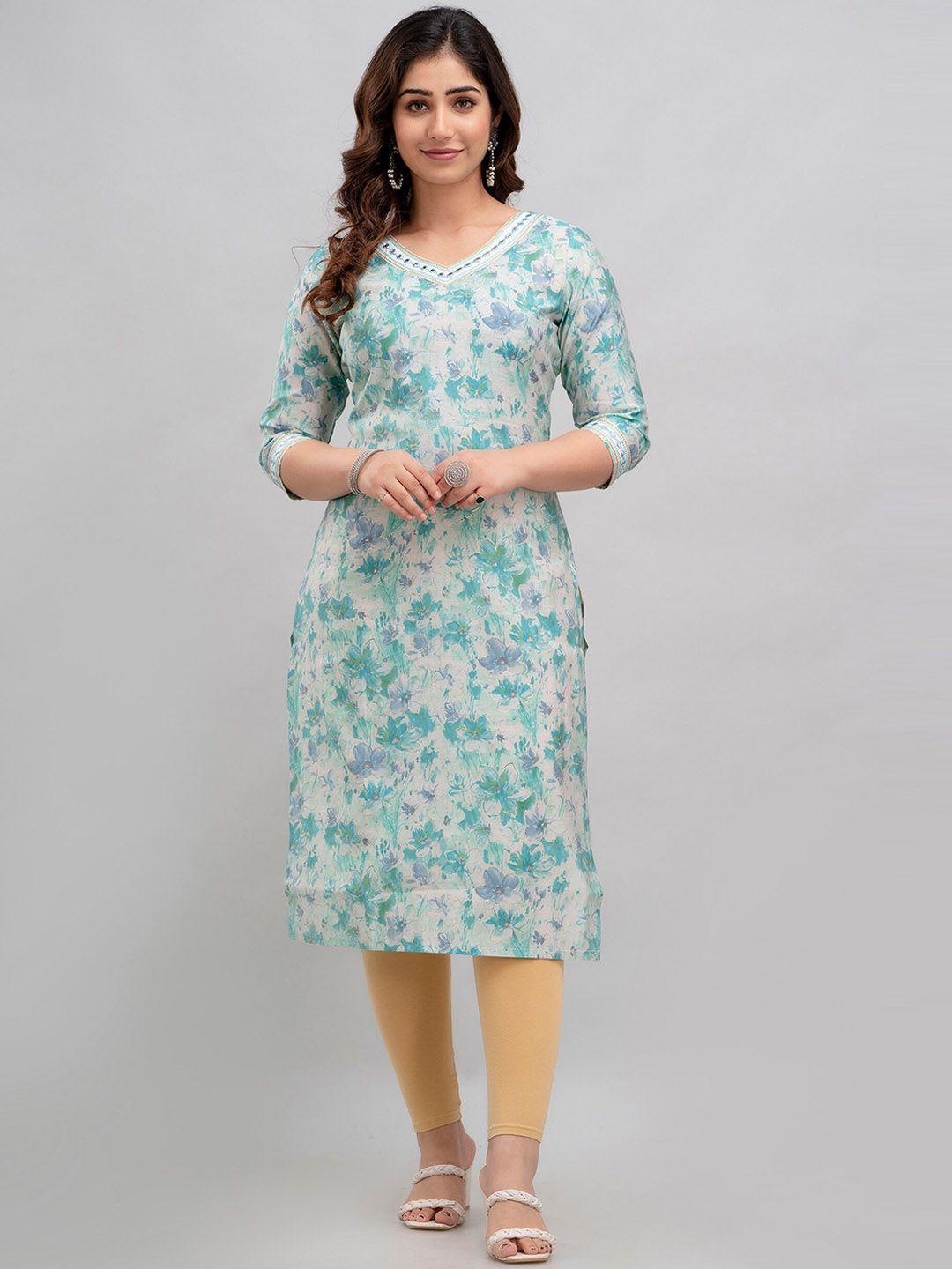 charu floral printed v-neck straight mirror work modal kurta