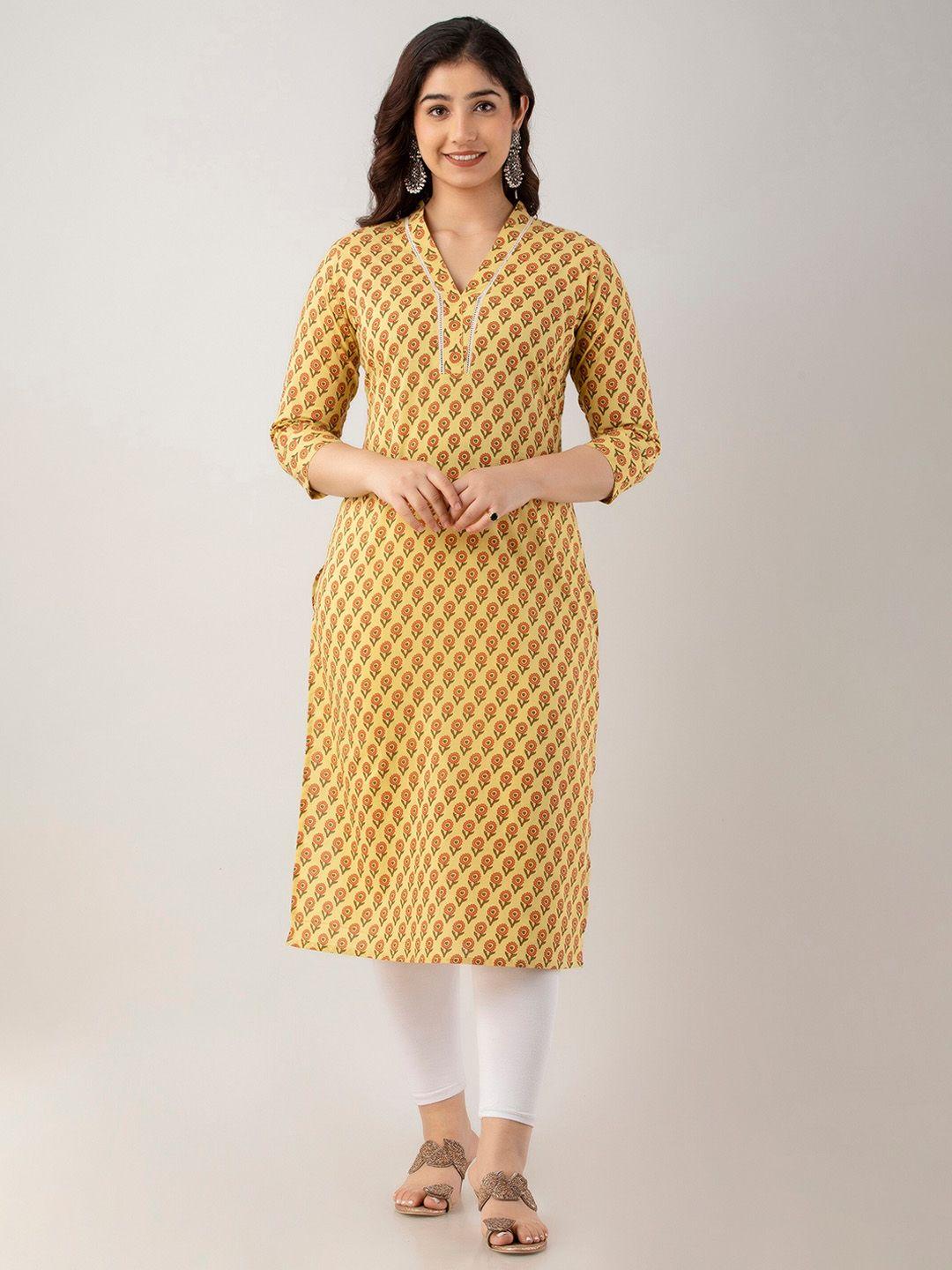 charu floral printed v-neck three-quarter sleeve straight cotton kurta