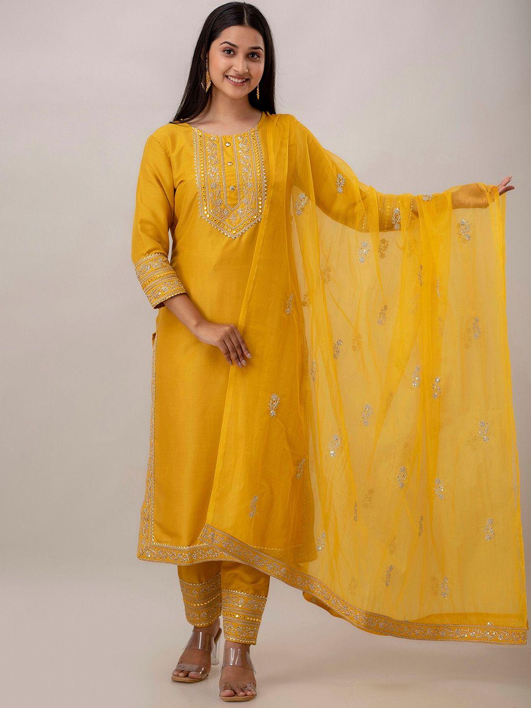 charu floral yoke design mirror work straight kurta & trouser with dupatta