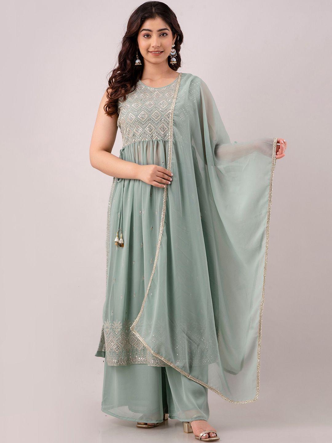 charu geometric embroidered sequinned kurta with palazzos & with dupatta