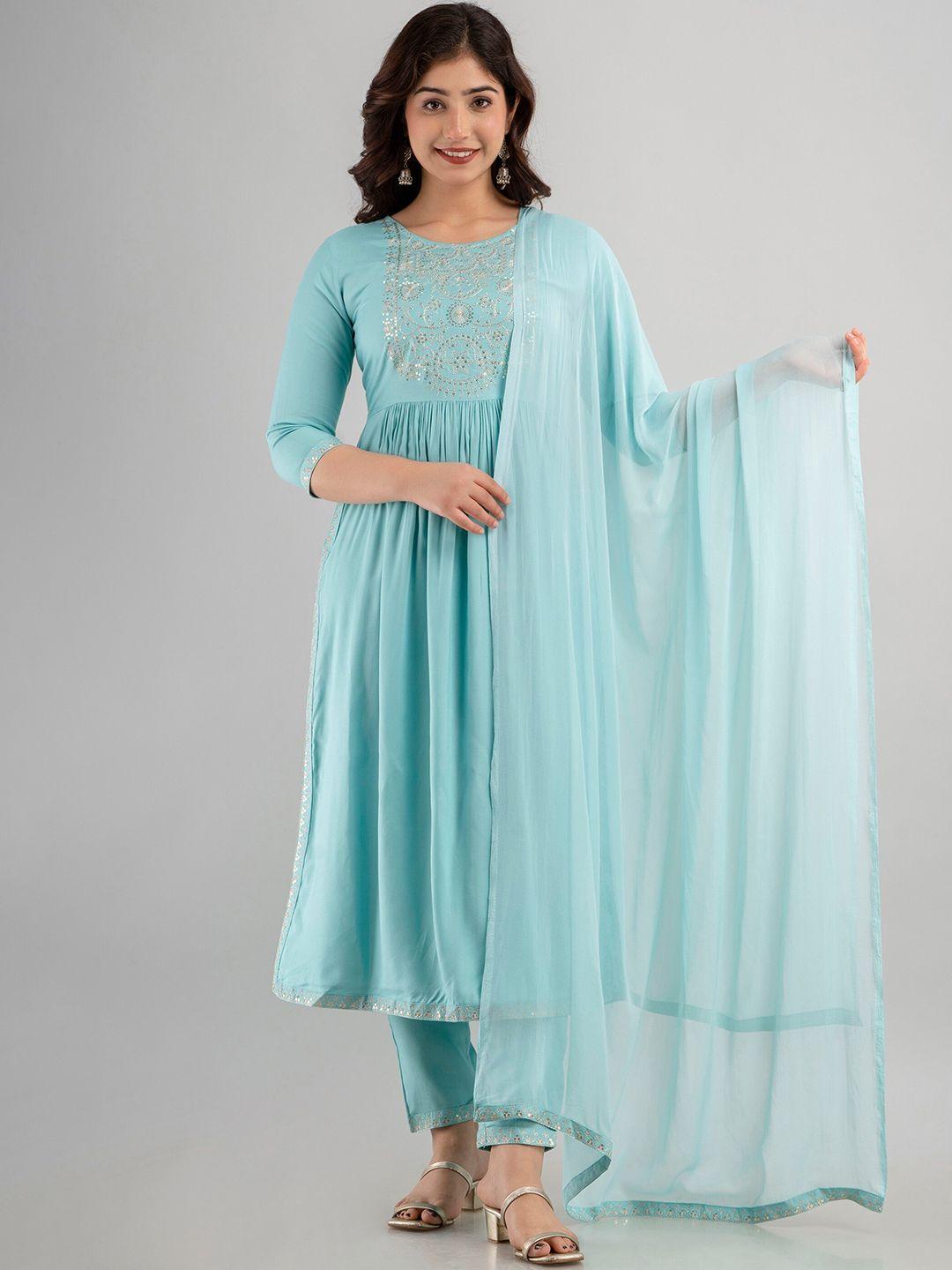 charu sequnnied embroidered pleated kurta with trousers & dupatta