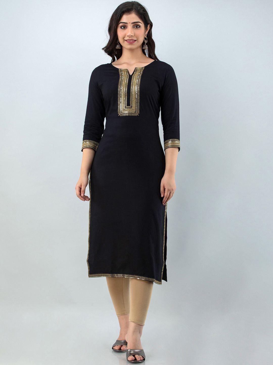 charu women black embellished  embroidered straight kurta