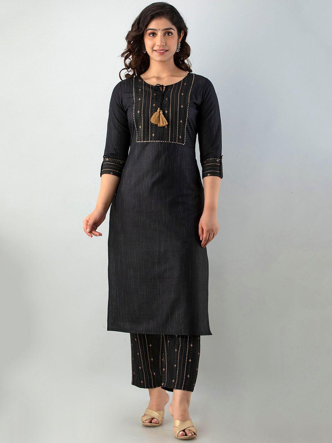 charu women black embroidered straight kurti with trouser and dupatta