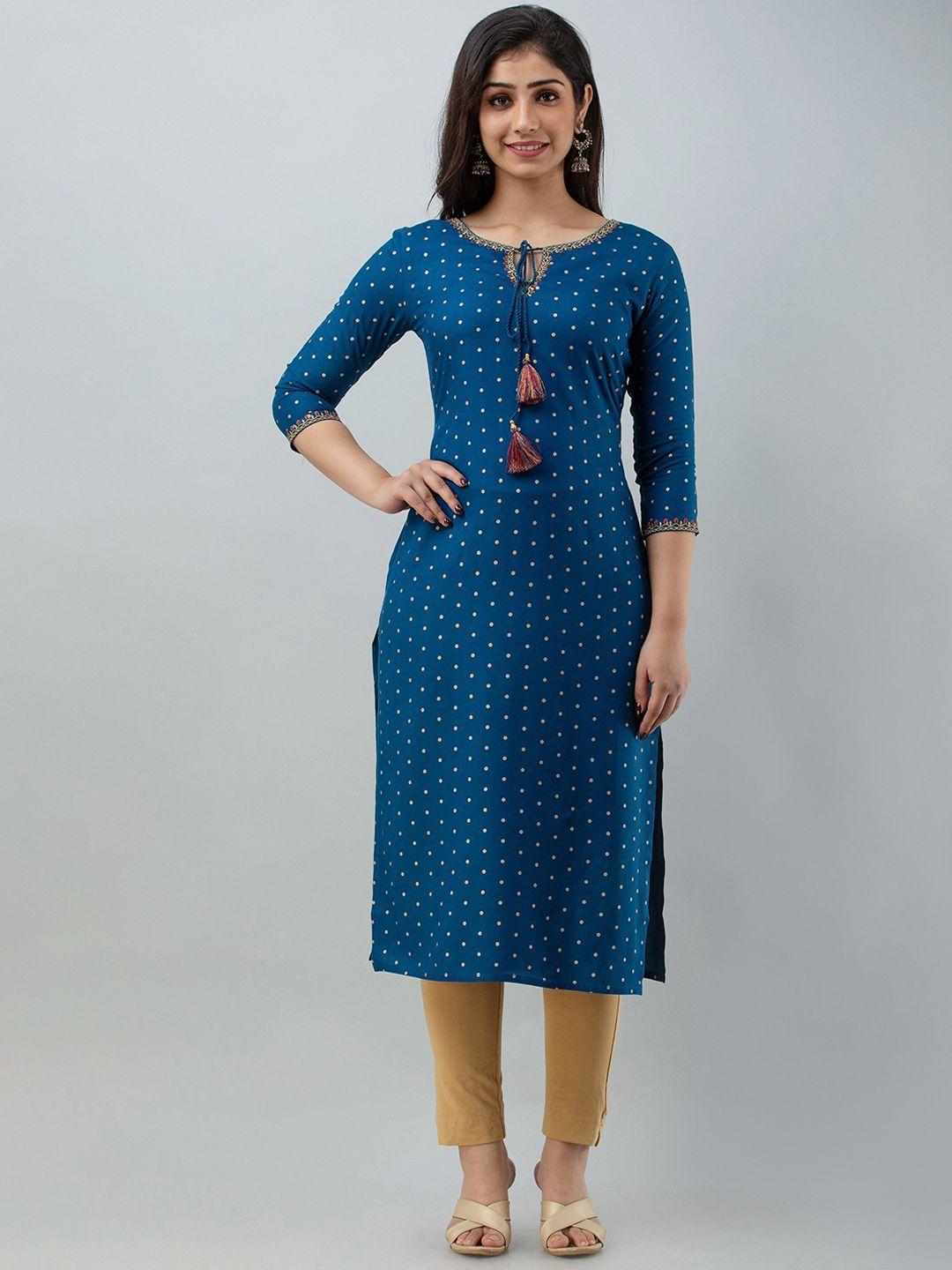 charu women blue & gold-toned printed kurta