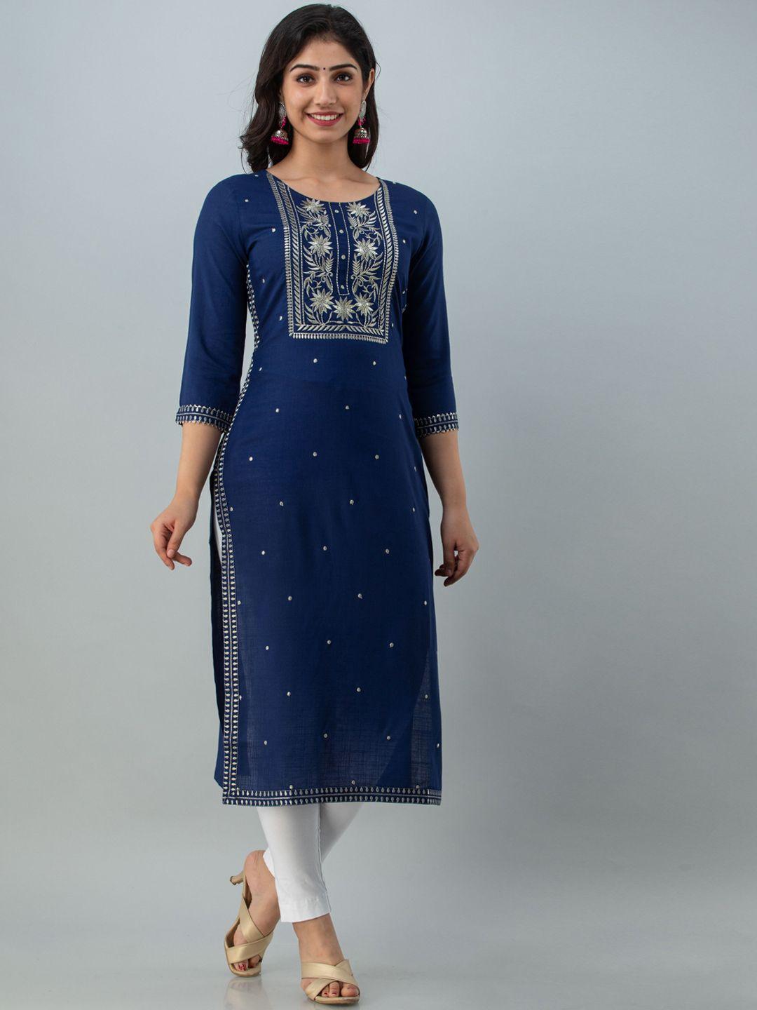 charu women blue geometric embroidered thread work kurta