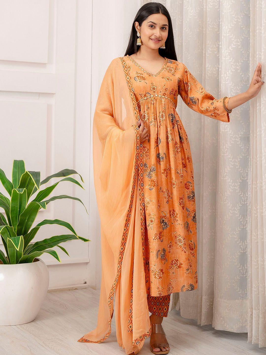 charu women floral printed empire mirror work kurta with trousers & with dupatta