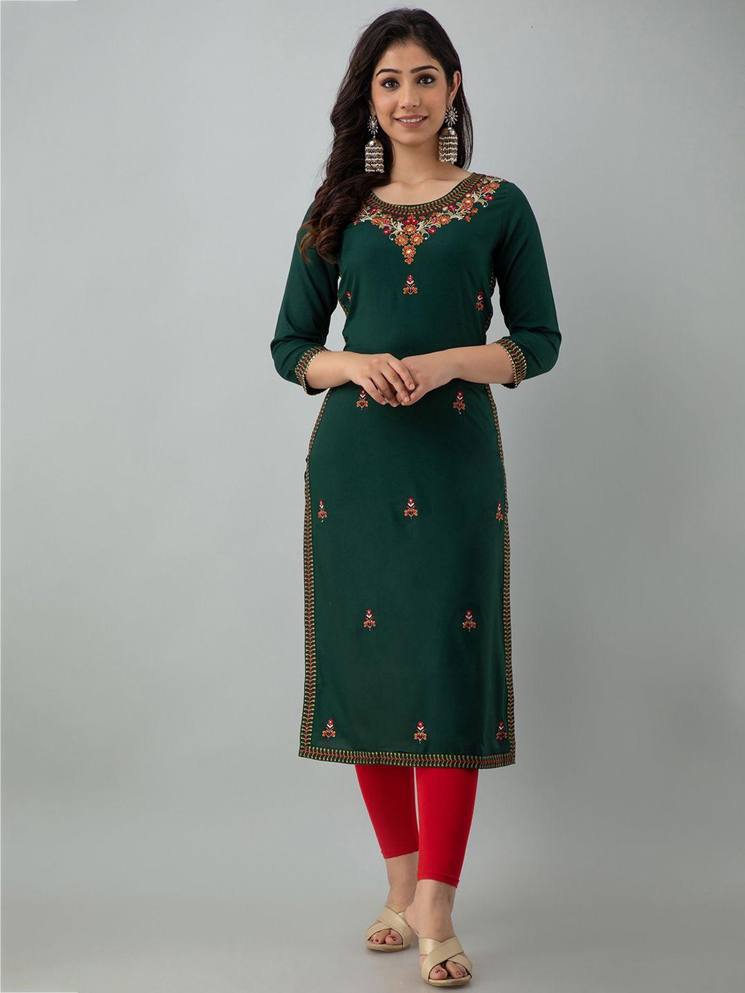 charu women green & red floral embroidered thread work kurta