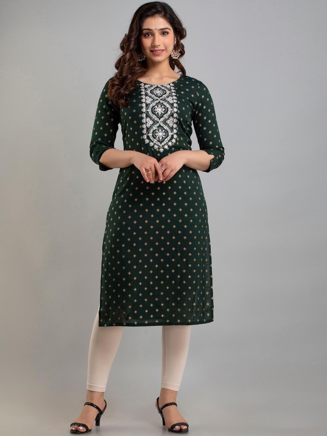 charu women green & white ethnic motifs embellished embroidered straight kurta