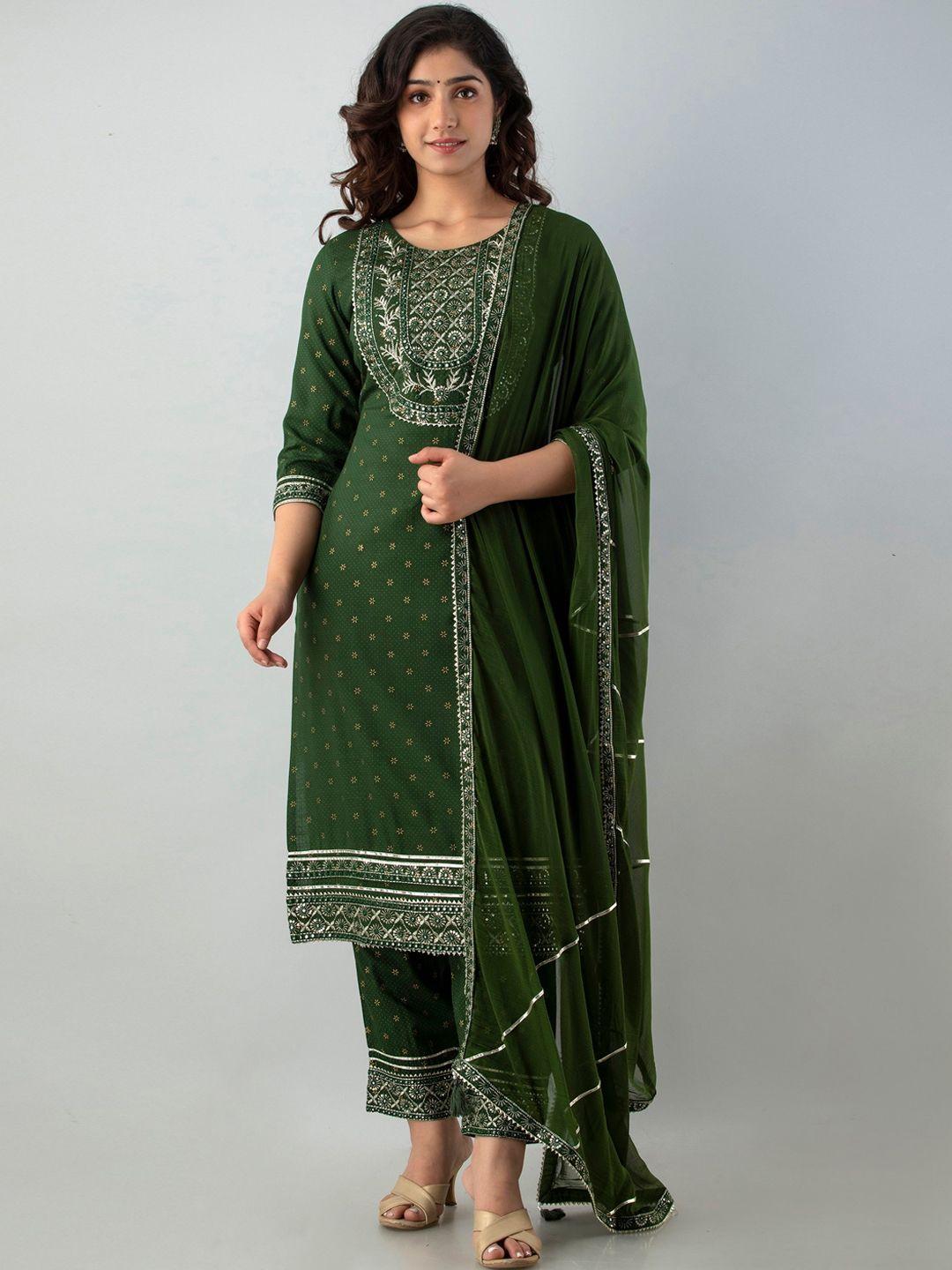 charu women green ethnic motifs printed kurti with palazzos