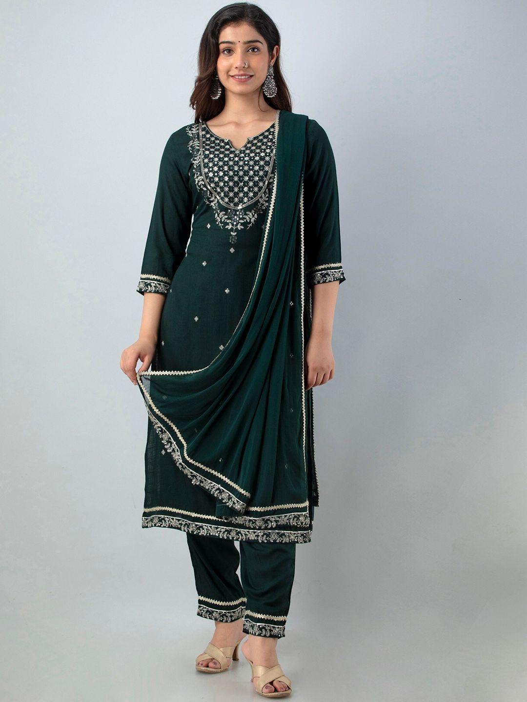 charu women green high slit kurta with trousers & with dupatta