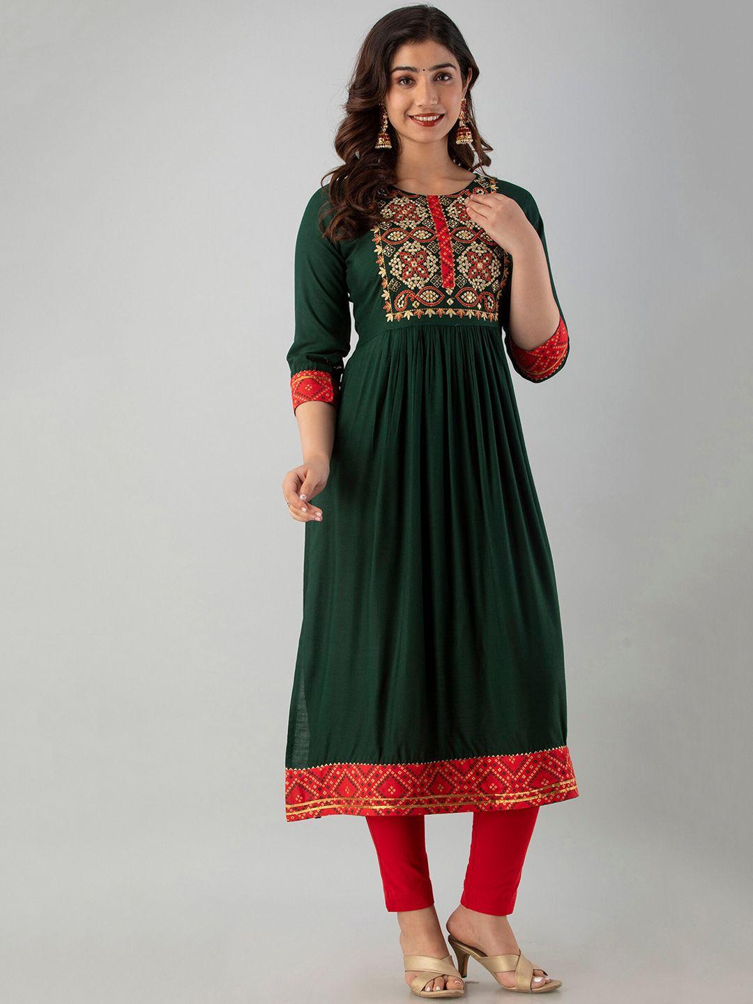 charu women green yoke design mirror work kurta