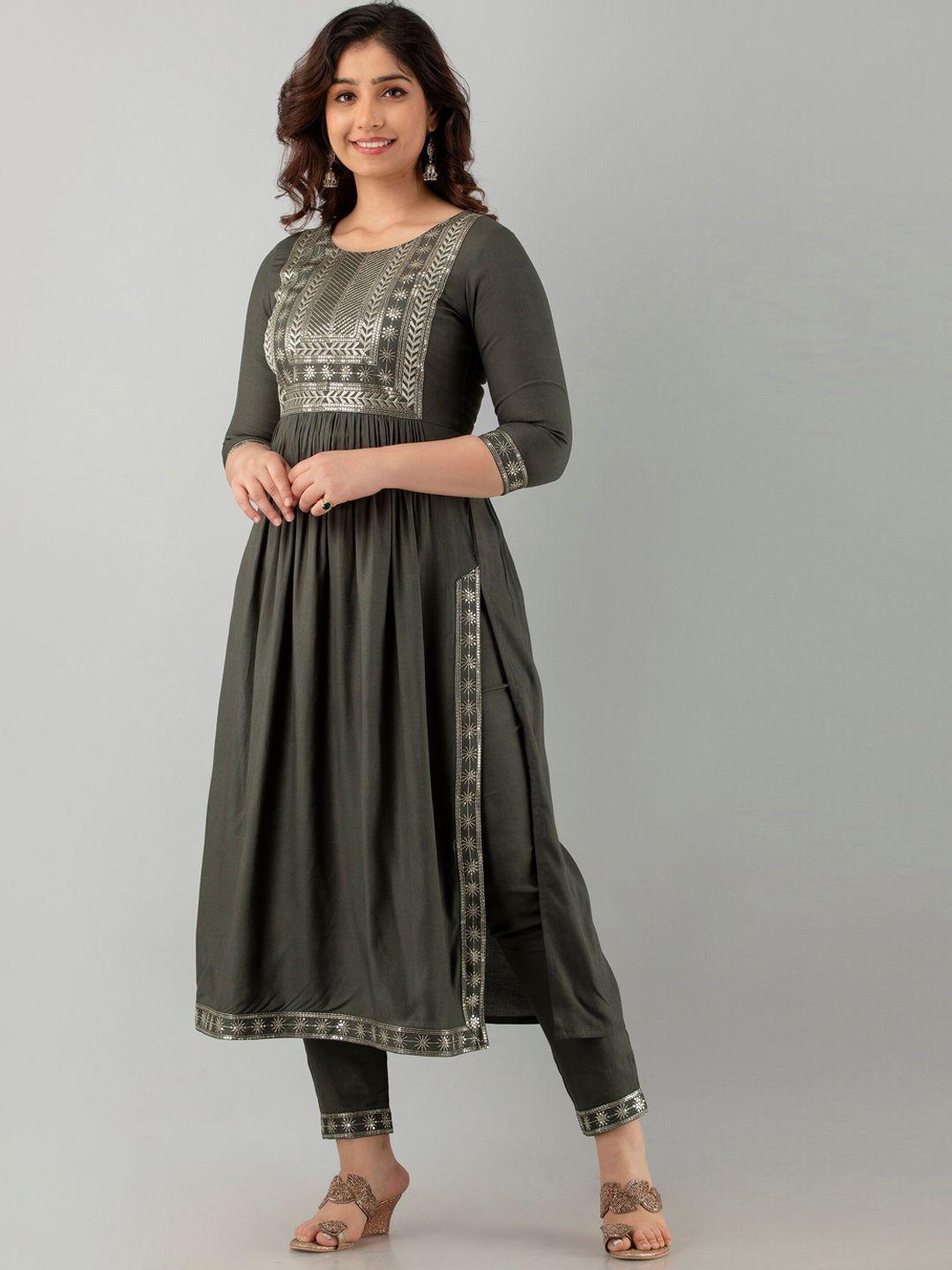 charu women grey ethnic motifs embroidered regular sequinned kurta with trousers & with dupatta