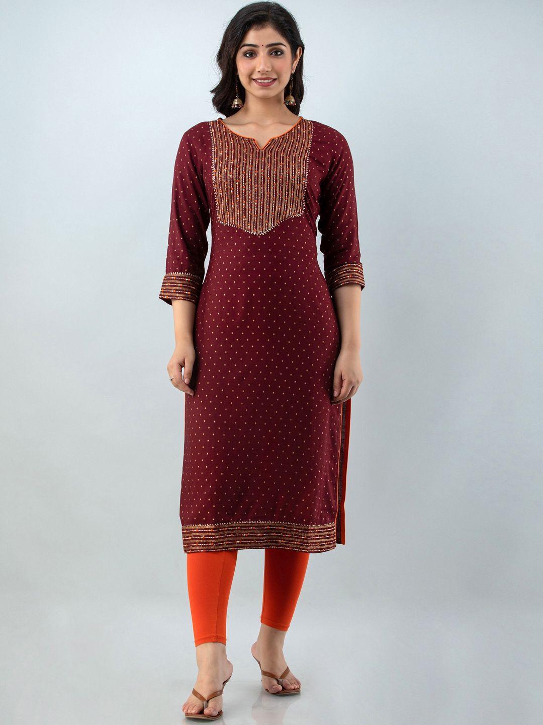 charu women maroon embellished embroidered straight kurta