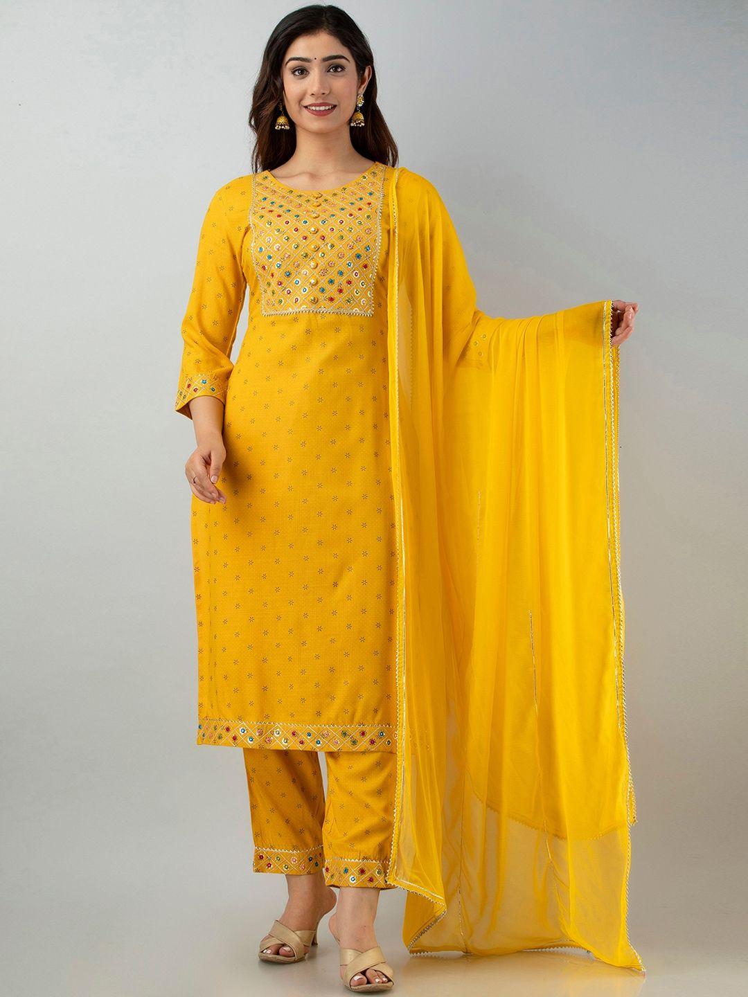 charu women mustard yellow ethnic motifs embroidered kurti with trousers & with dupatta