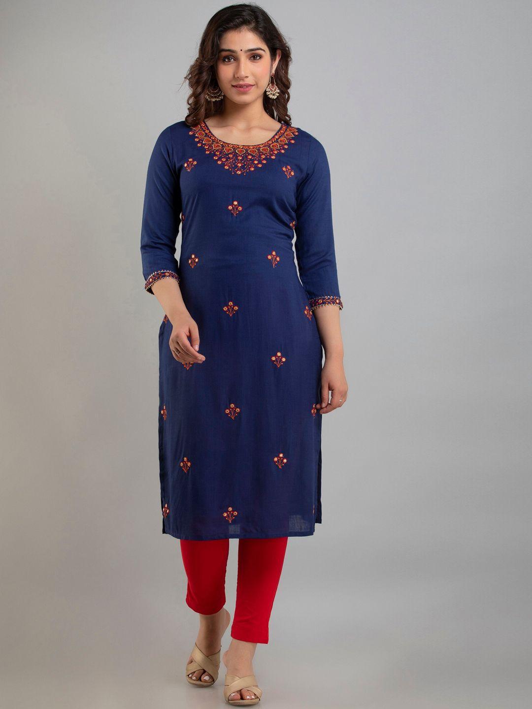 charu women navy blue floral embroidered thread work kurta