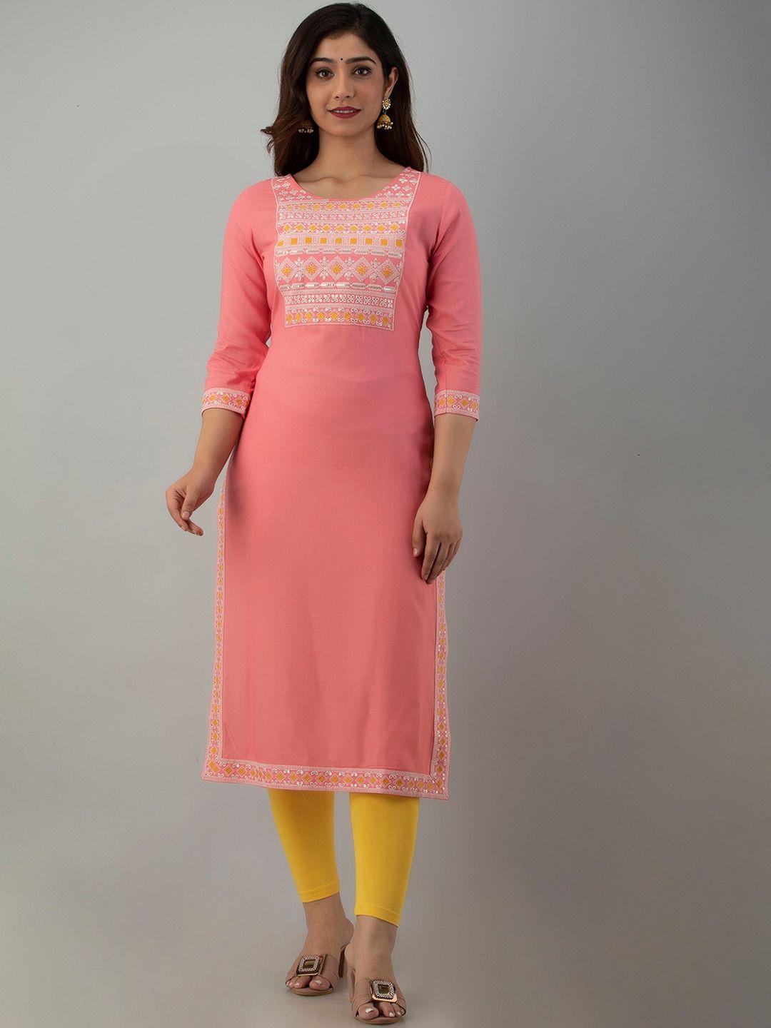 charu women peach-coloured thread work kurta