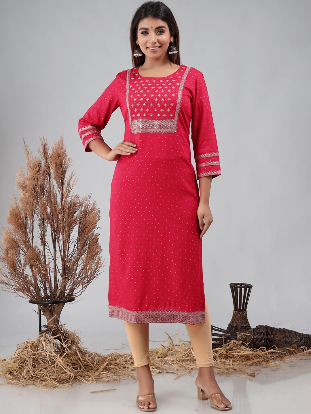 charu women pink and silver toned ethnic motifs embellished embroidered straight kurta