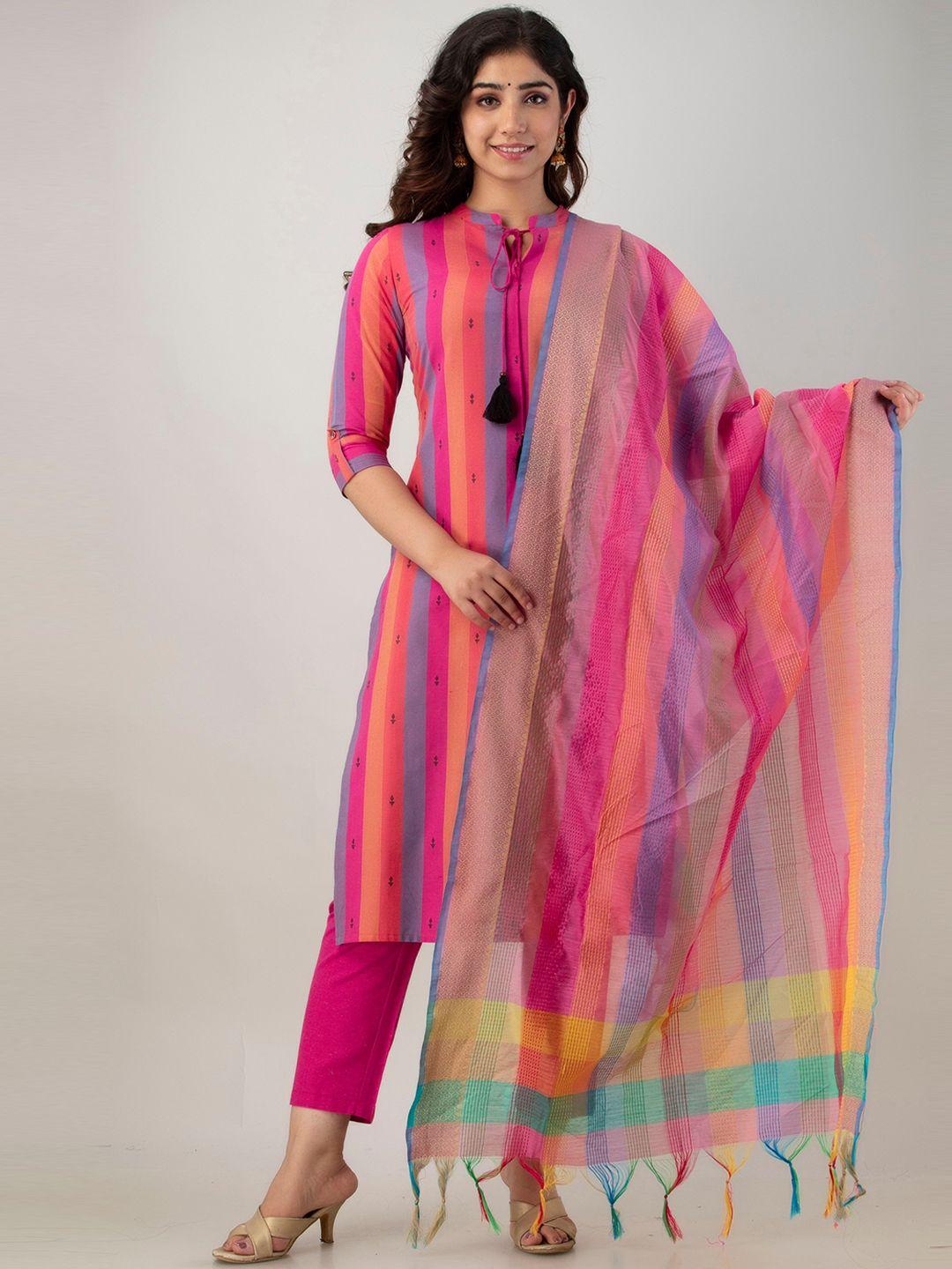 charu women pink colourblocked kurta with trousers & with dupatta