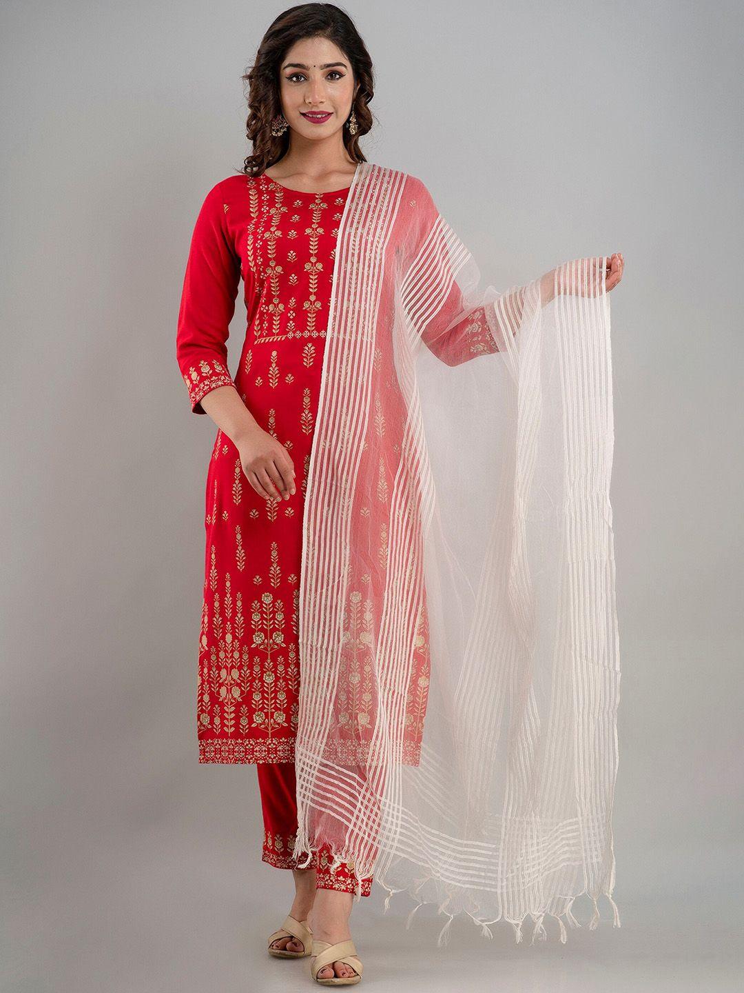 charu women pink ethnic motifs embroidered high slit kurta with trousers & with dupatta