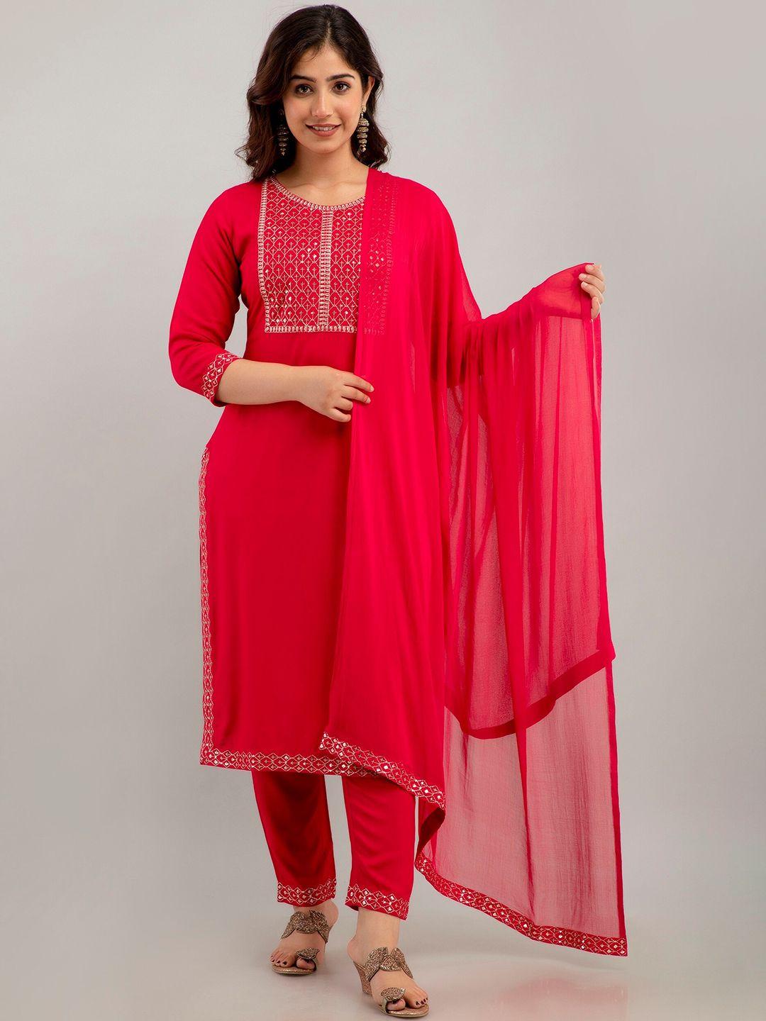 charu women pink ethnic motifs embroidered regular sequinned kurta with trousers & with dupatta