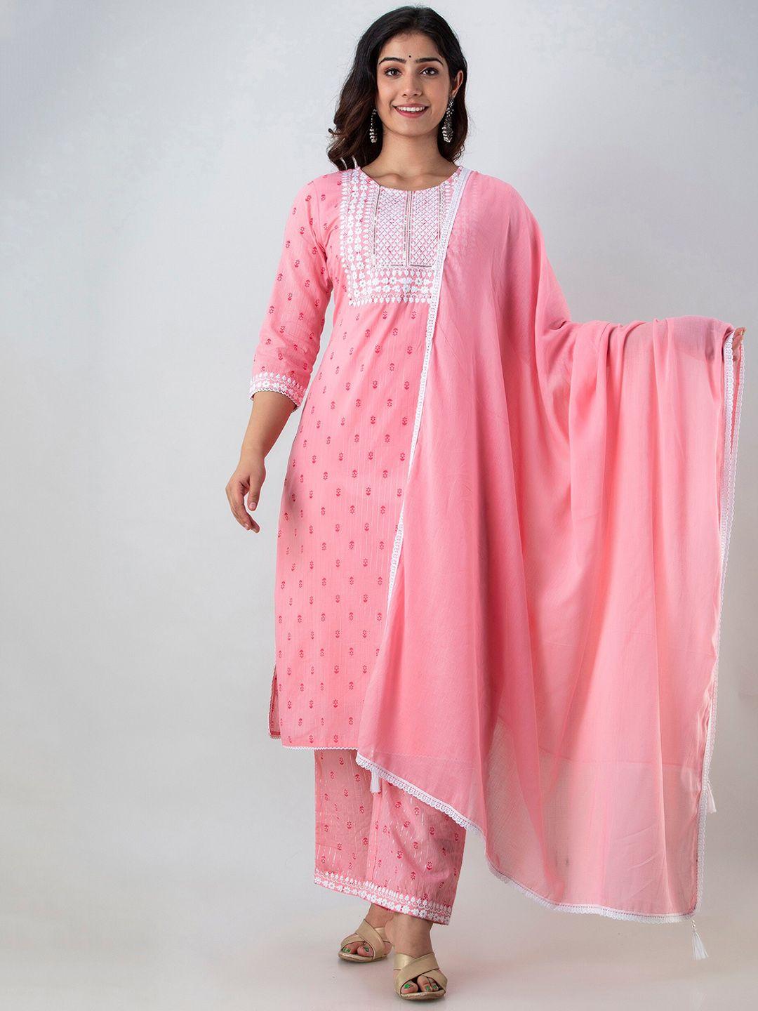 charu women pink floral embroidered pure cotton kurta with trousers & dupatta set