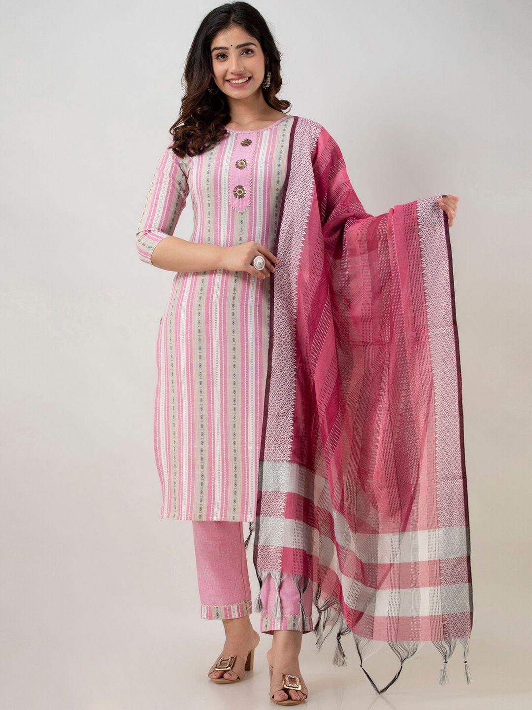 charu women pink striped  kurti with trousers & dupatta