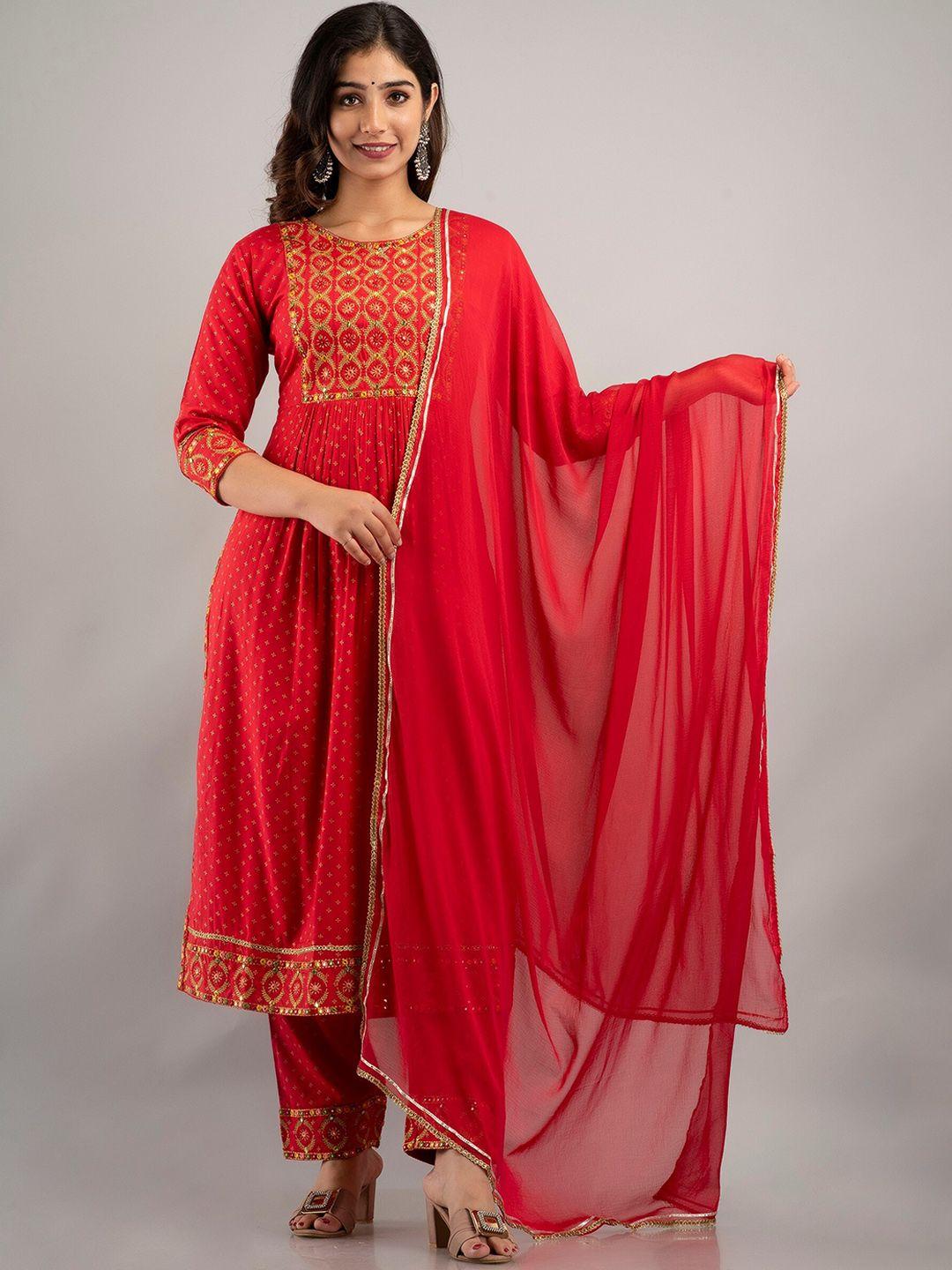 charu women red ethnic motifs embroidered empire kurta with trousers & with dupatta