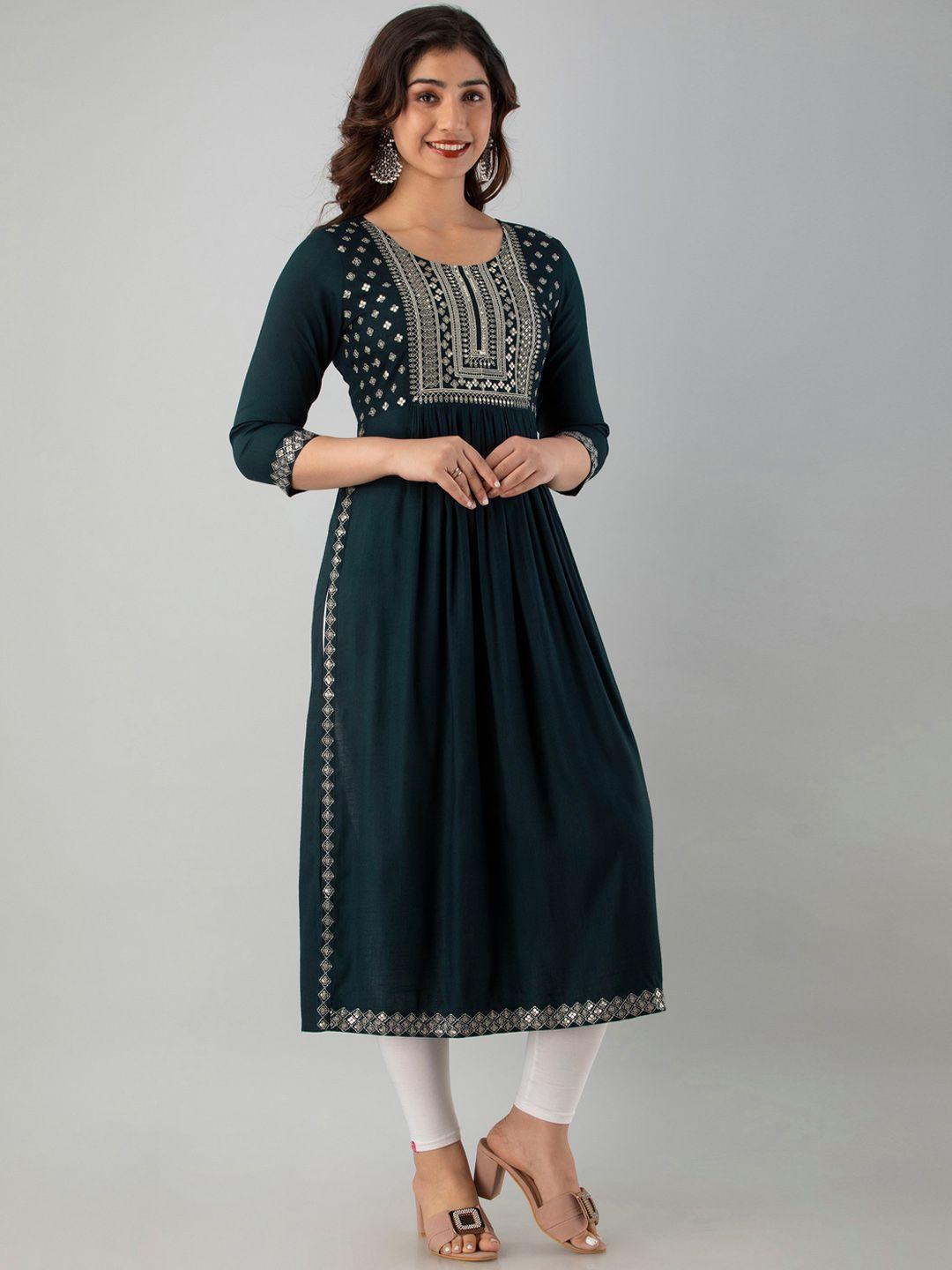 charu women teal geometric yoke design thread work anarkali kurta