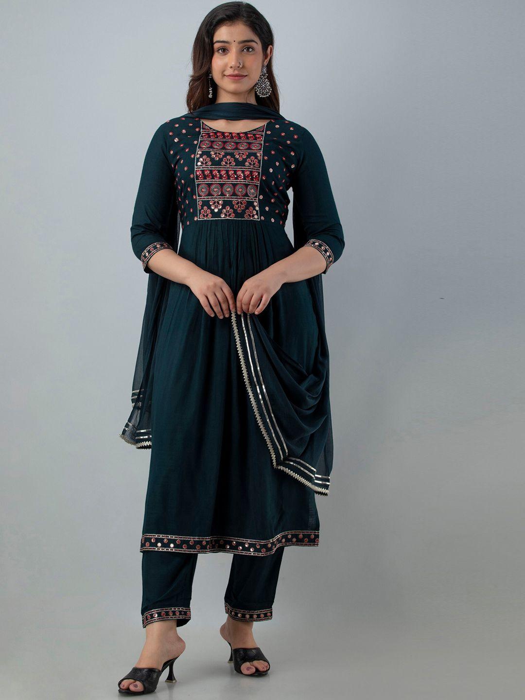 charu women teal yoke design pleated kurti with trousers & with dupatta