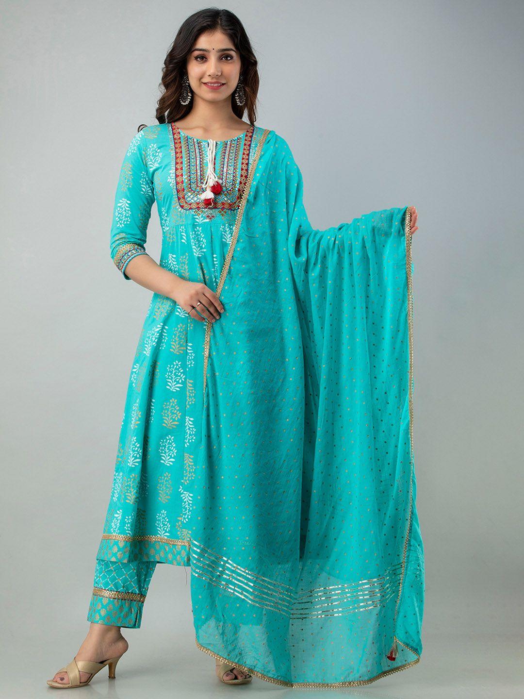 charu women turquoise blue ethnic motifs printed pure cotton kurta with trousers & with dupatta