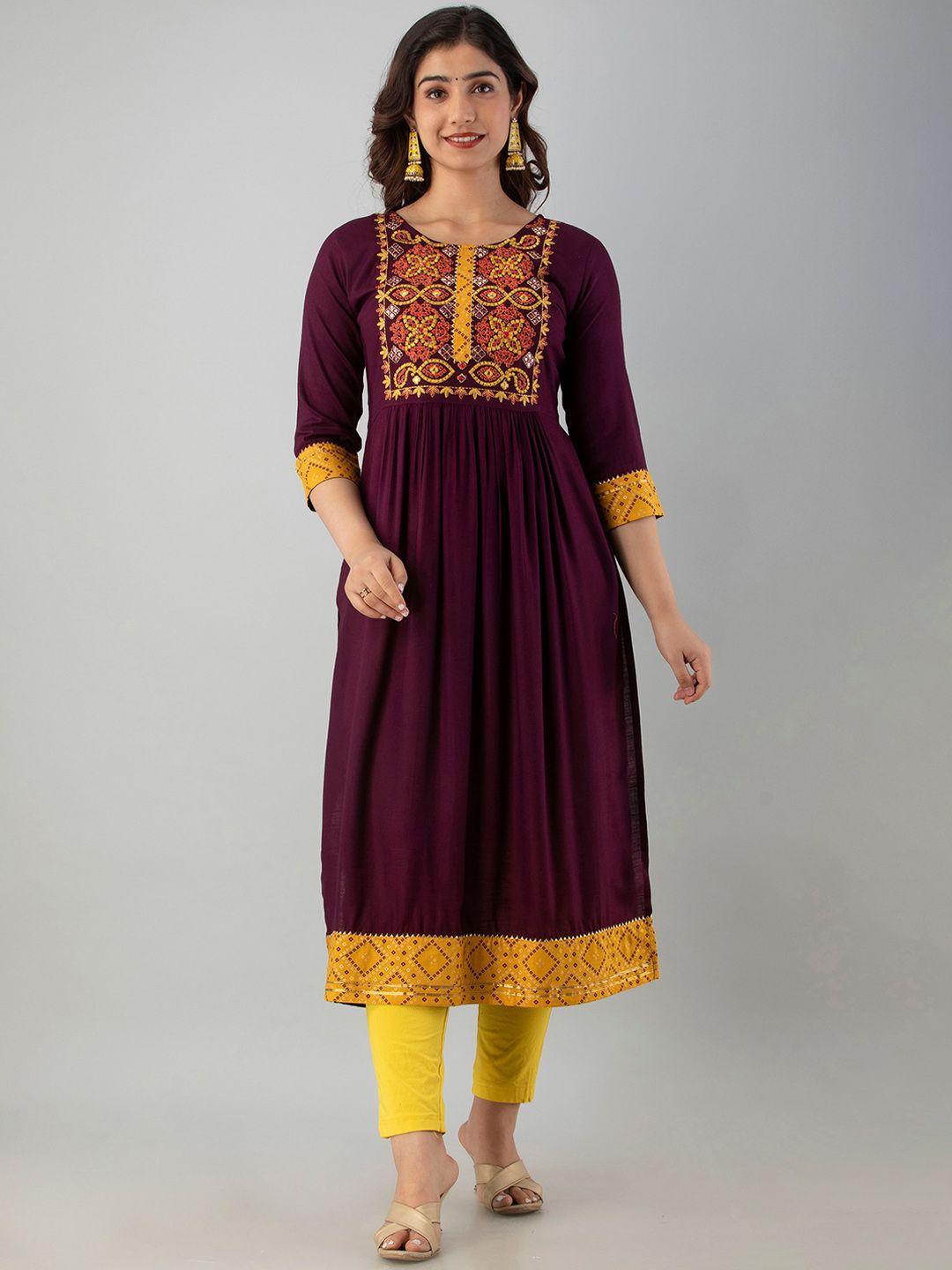 charu women violet & mustard yellow thread work anarkali kurta
