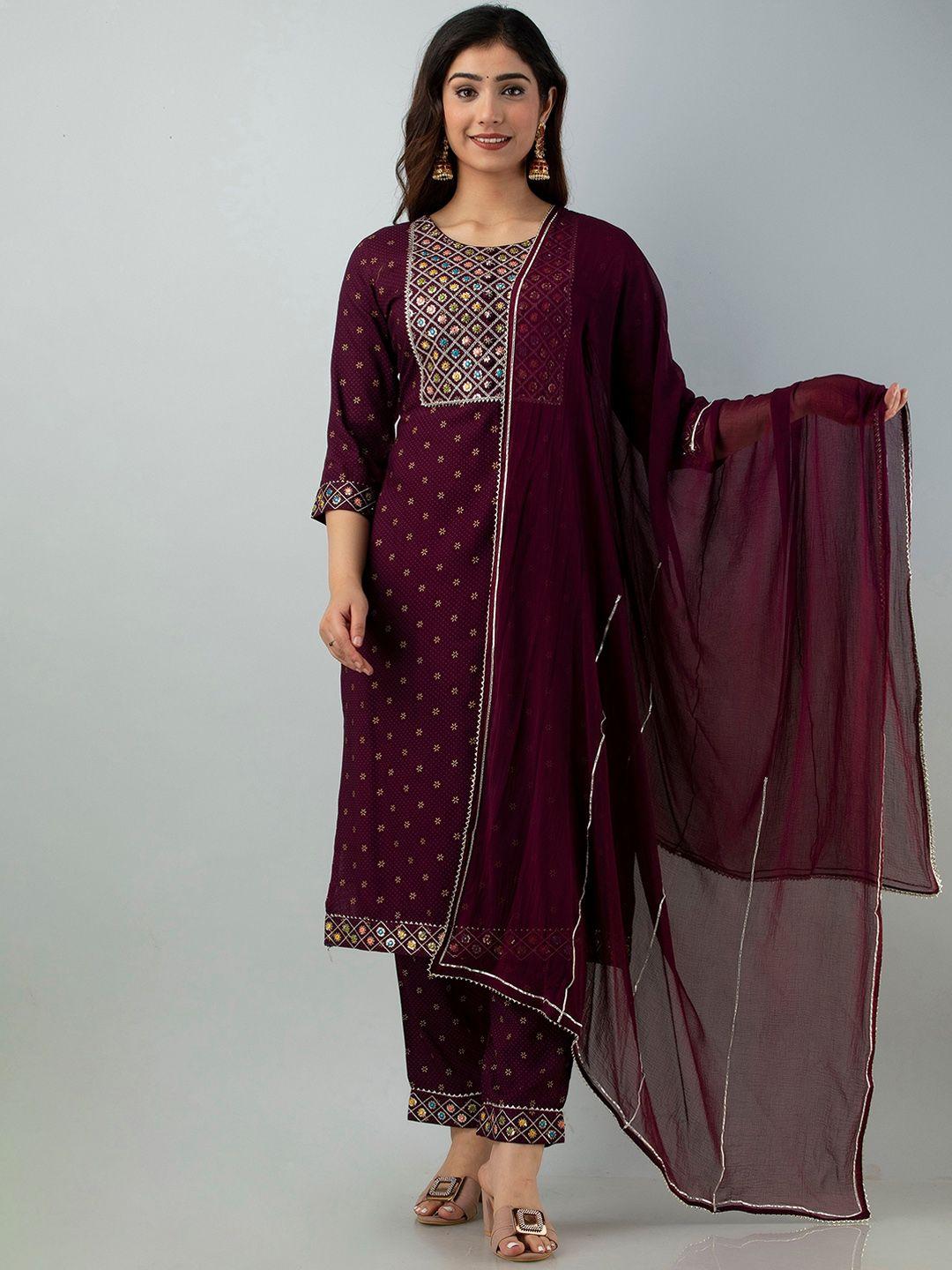 charu women violet embroidered mirror work kurta with trousers & with dupatta