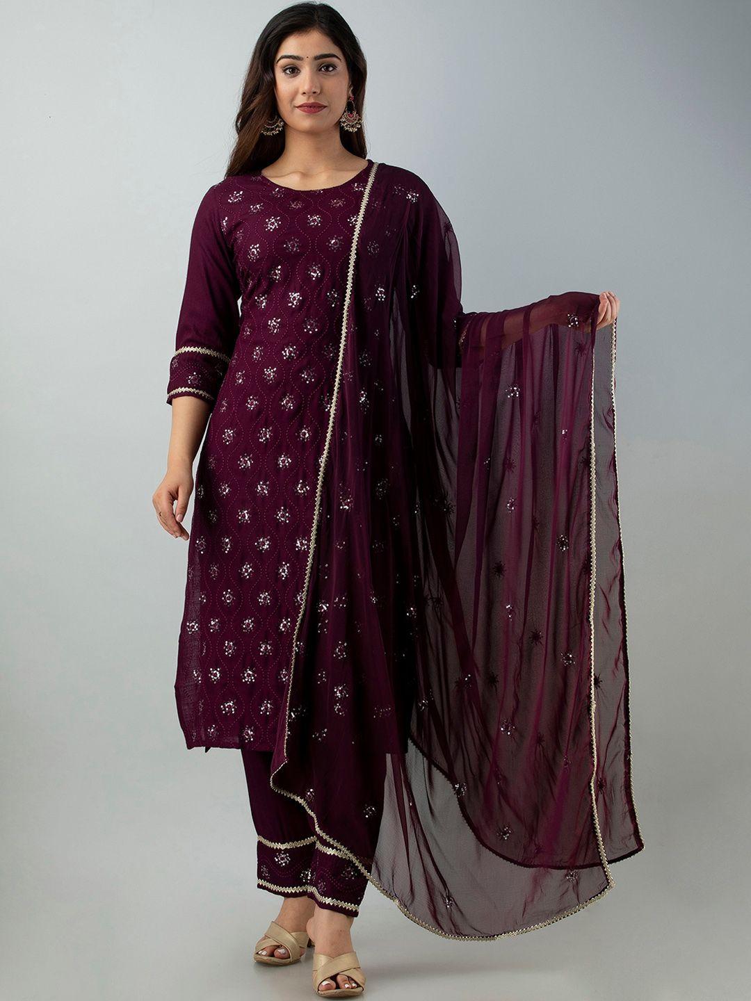 charu women violet floral embroidered sequinned kurta with trousers & with dupatta