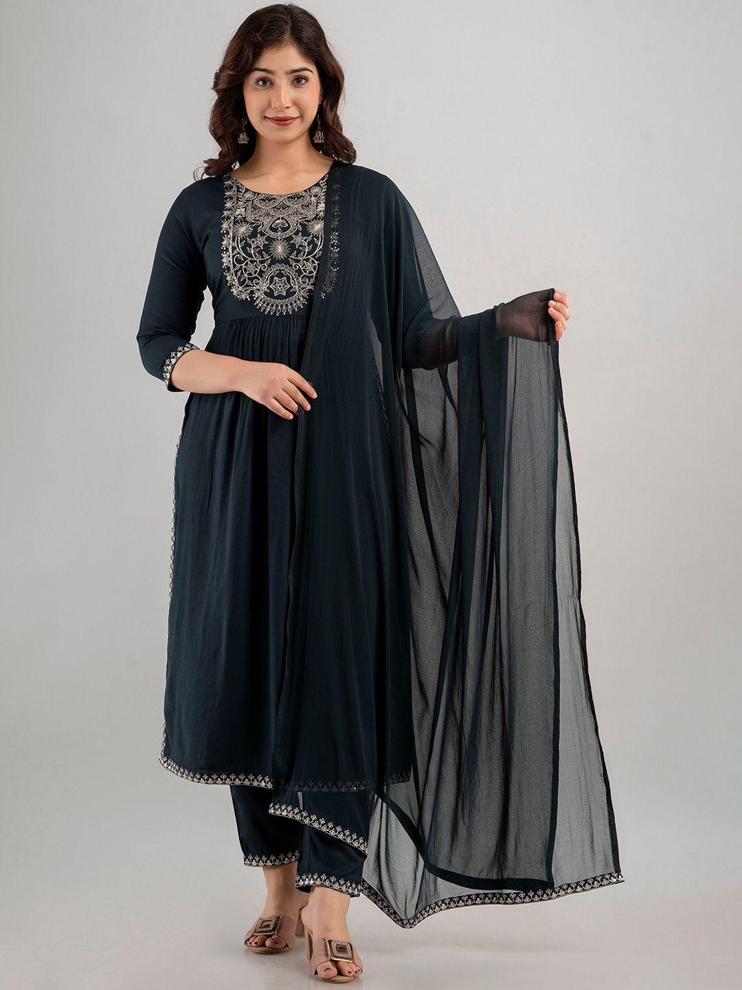 charu yoke designed thread work high slit kurta with trousers & dupatta