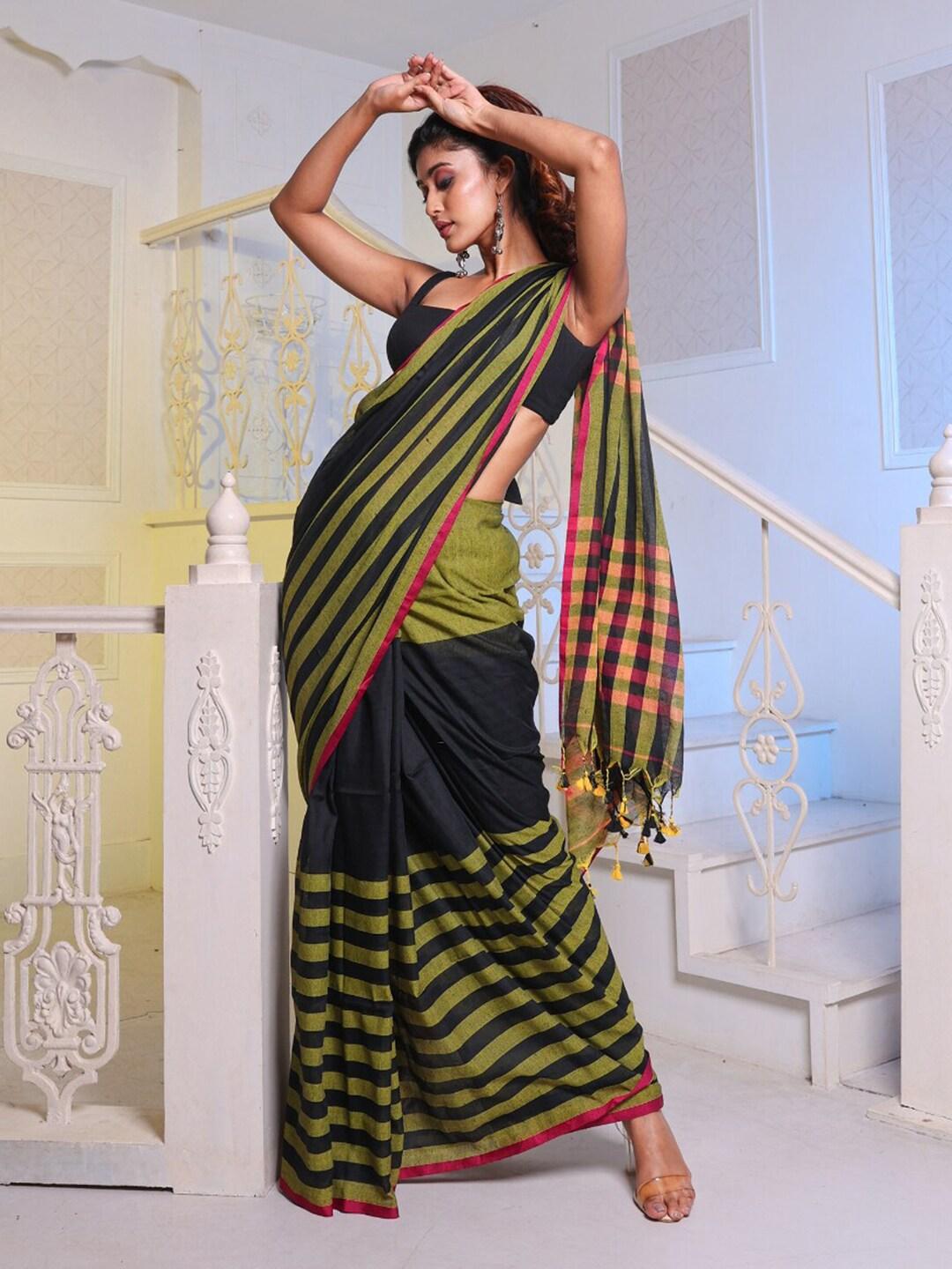charukriti black & yellow striped pure cotton saree