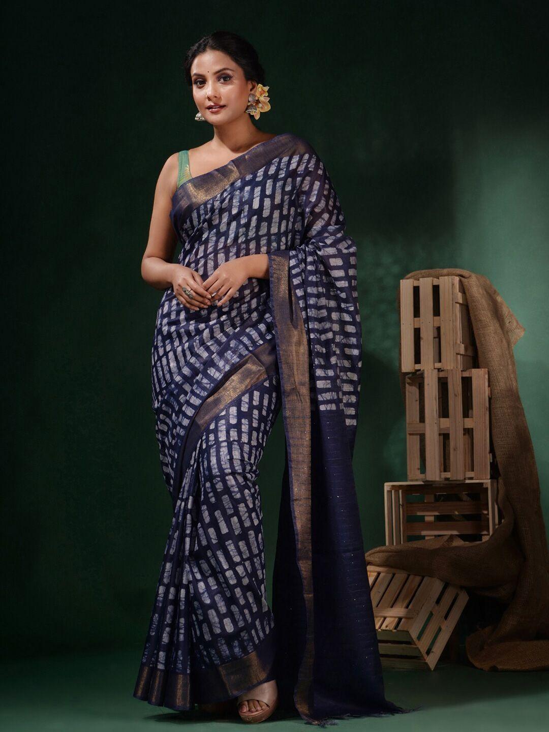 charukriti block printed zari silk blend saree