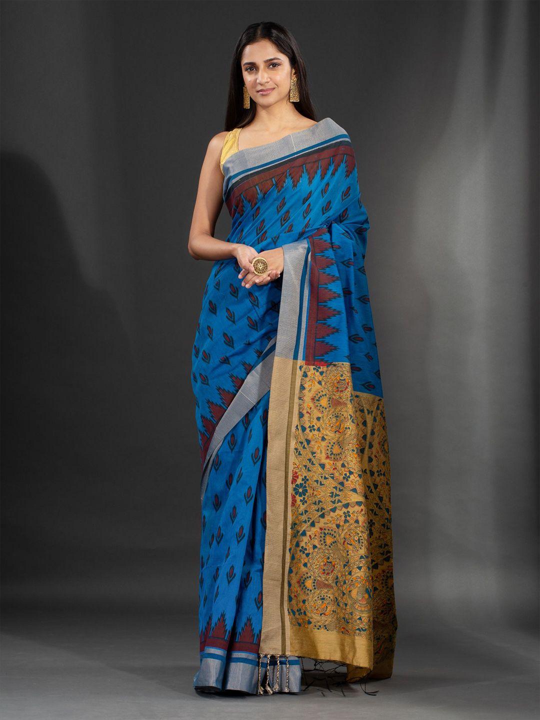 charukriti blue & beige ethnic motifs printed cotton saree