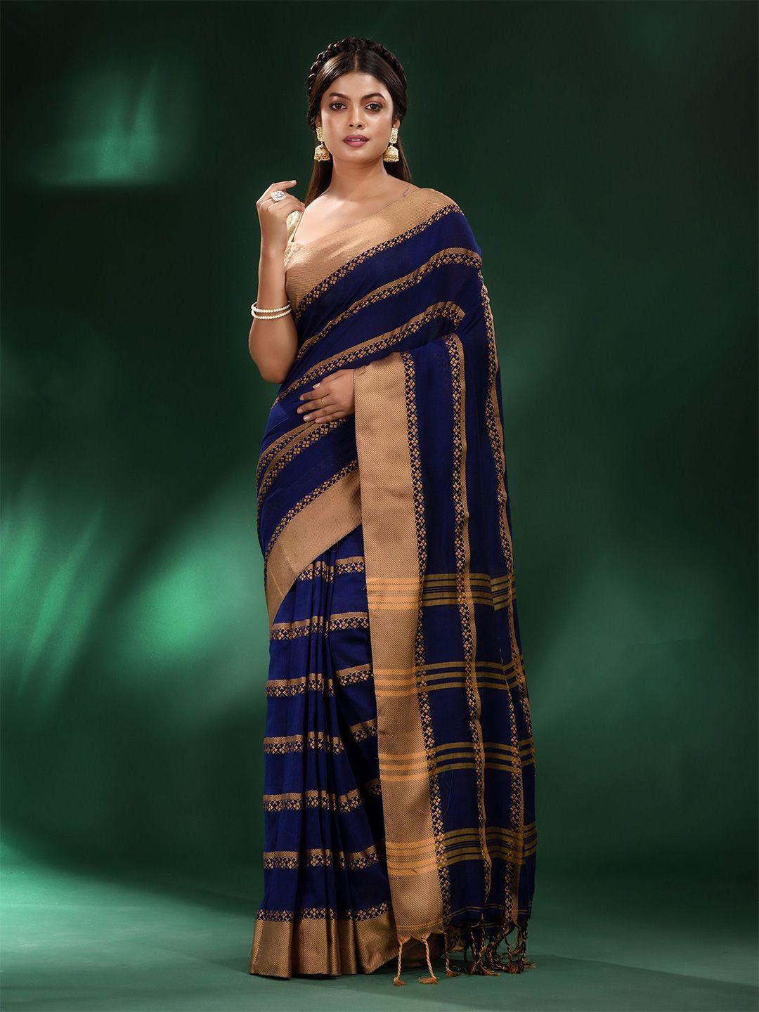 charukriti blue & brown woven design zari pure cotton saree