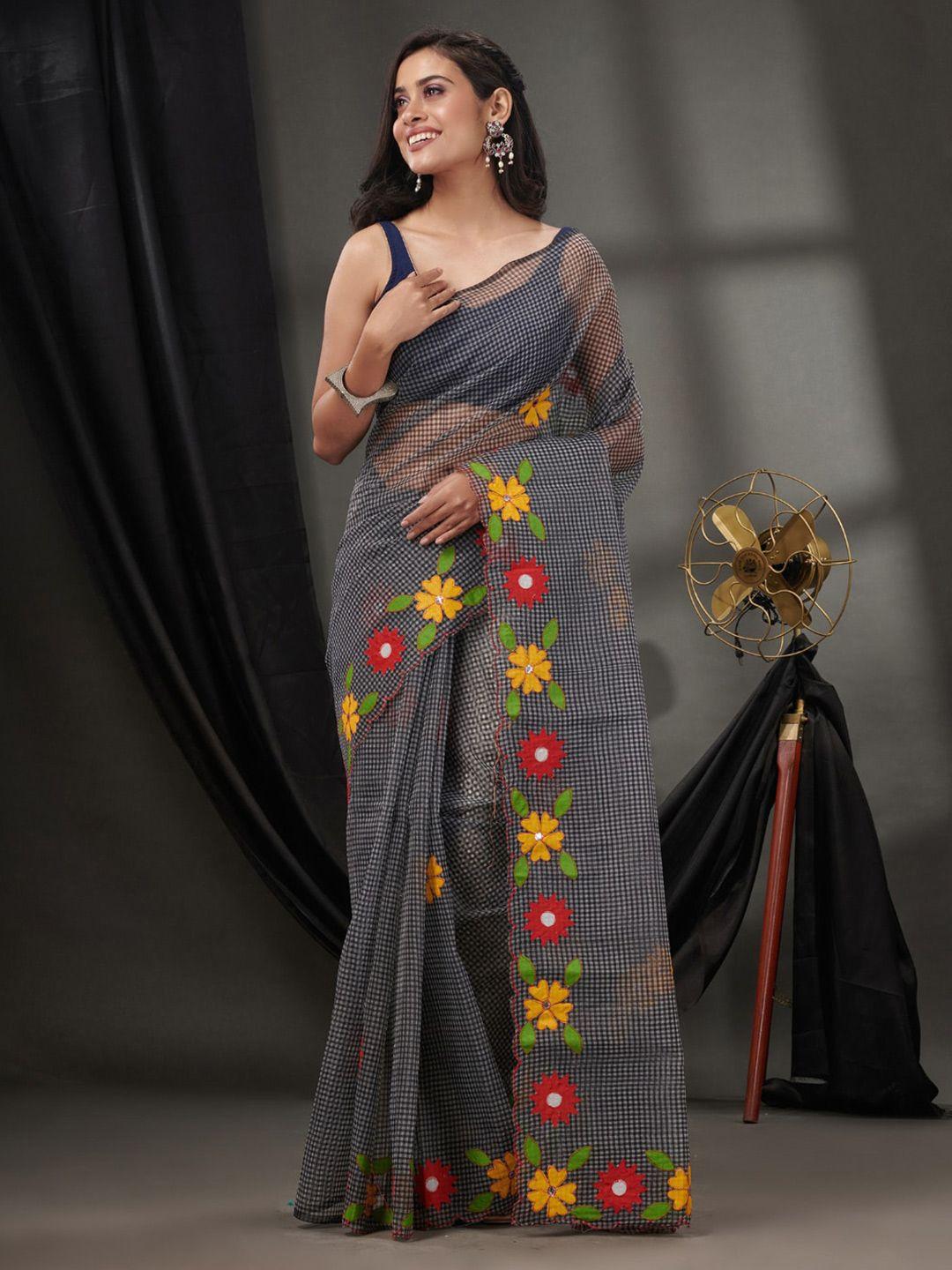 charukriti checked embroidered silk blend kota saree