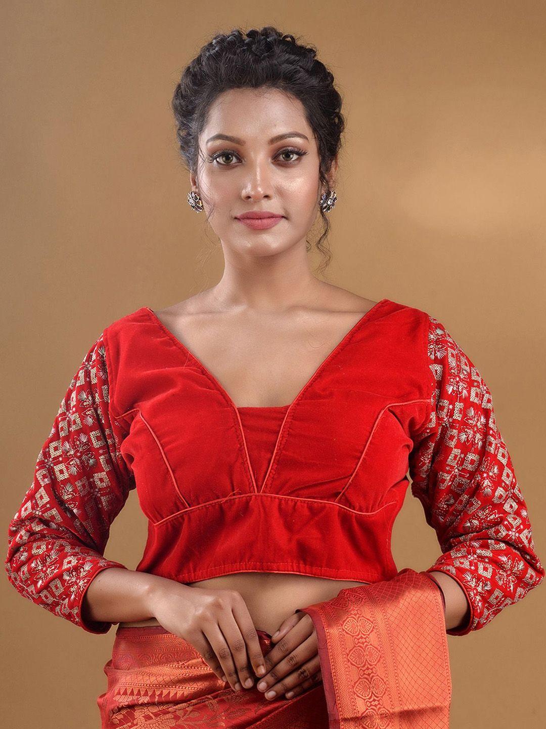 charukriti embroidered velvet v-neck saree blouse