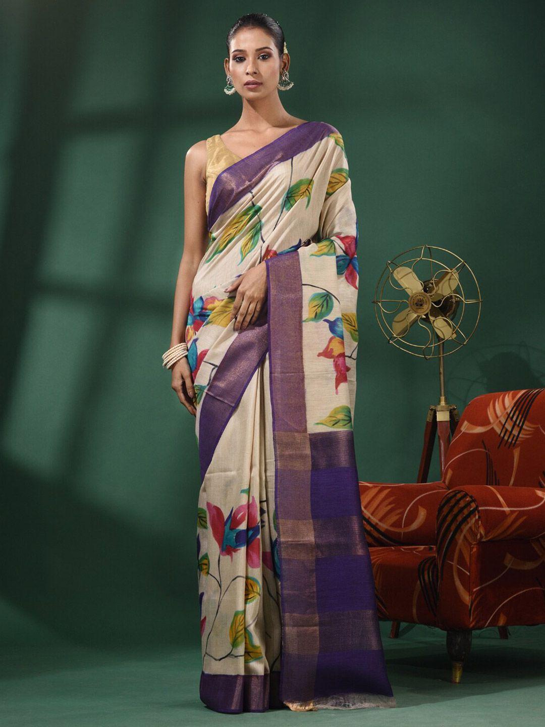charukriti floral printed pure silk zari tussar saree