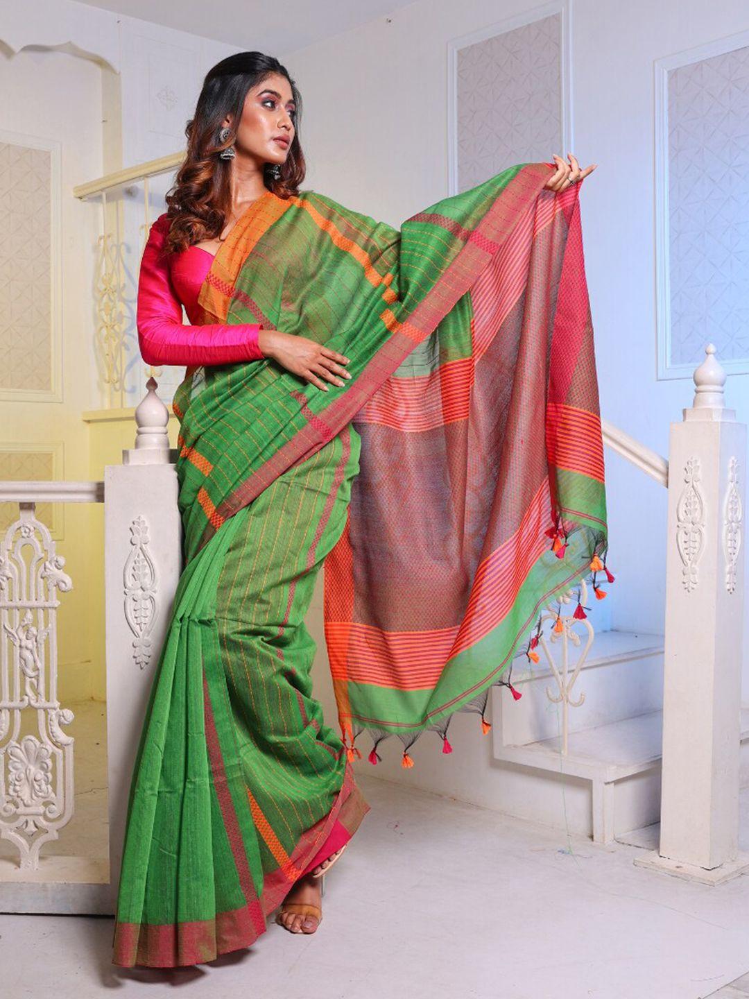 charukriti green & red striped saree